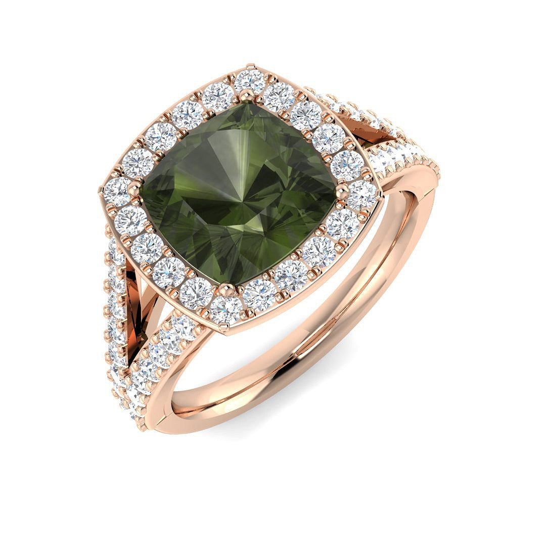 Cushion Green Tourmaline Halo Ring in 10K/14K gold and platinum with certified lab-grown or natural diamonds