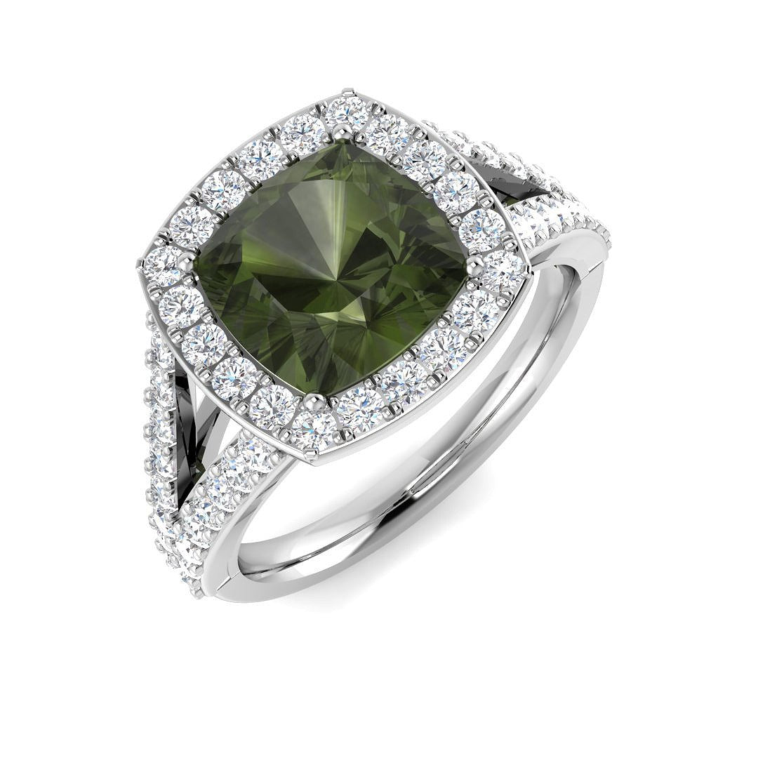 Cushion Green Tourmaline Halo Ring in 10K/14K gold and platinum with certified lab-grown or natural diamonds