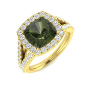 Cushion Green Tourmaline Halo Ring in 10K/14K gold and platinum with certified lab-grown or natural diamonds