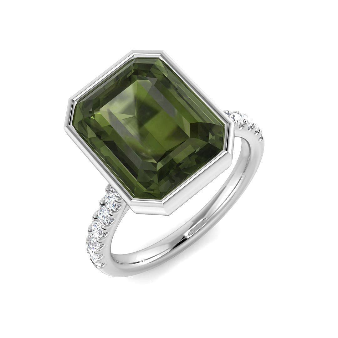 Green Tourmaline Emerald Cut Ring in 10K/14K gold and platinum with certified lab-grown or natural diamonds