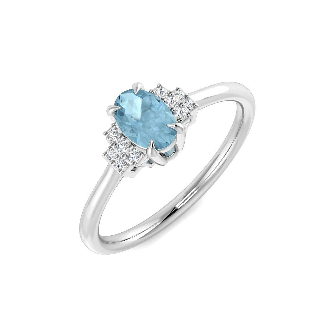 Oval Cut Solitaire Aquamarine Ring with Natural Round Side Stones in 10K/14K gold and platinum with certified lab-grown or natural diamonds