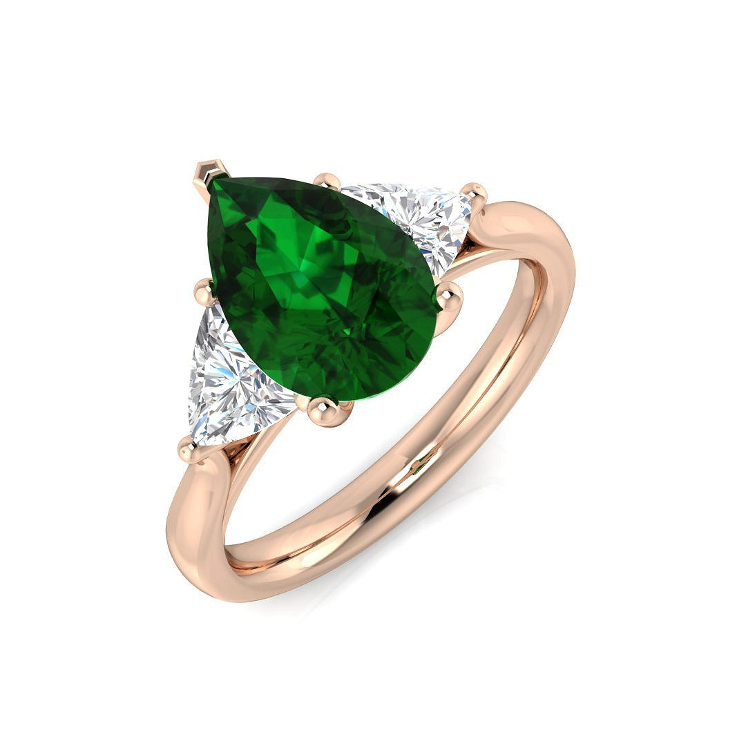 Pear Cut Emerald Ring with Trillion Diamond Side Stones in 10K/14K gold and platinum with certified lab-grown or natural diamonds