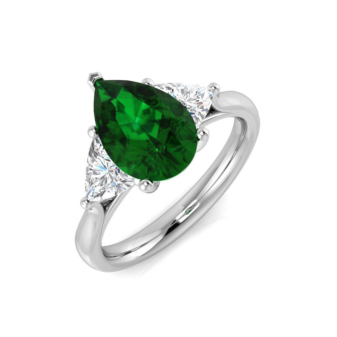 Pear Cut Emerald Ring with Trillion Diamond Side Stones in 10K/14K gold and platinum with certified lab-grown or natural diamonds