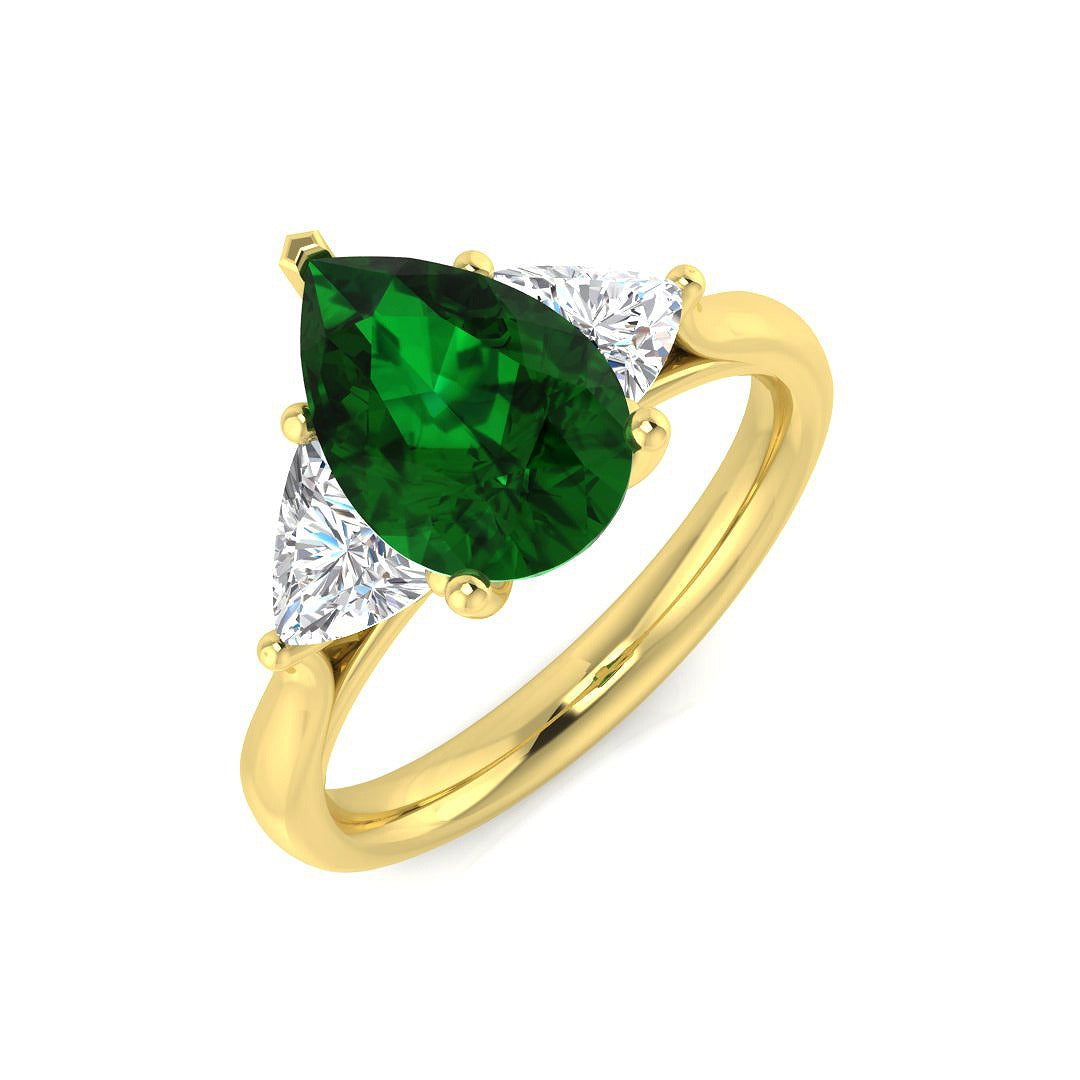 Pear Cut Emerald Ring with Trillion Diamond Side Stones in 10K/14K gold and platinum with certified lab-grown or natural diamonds