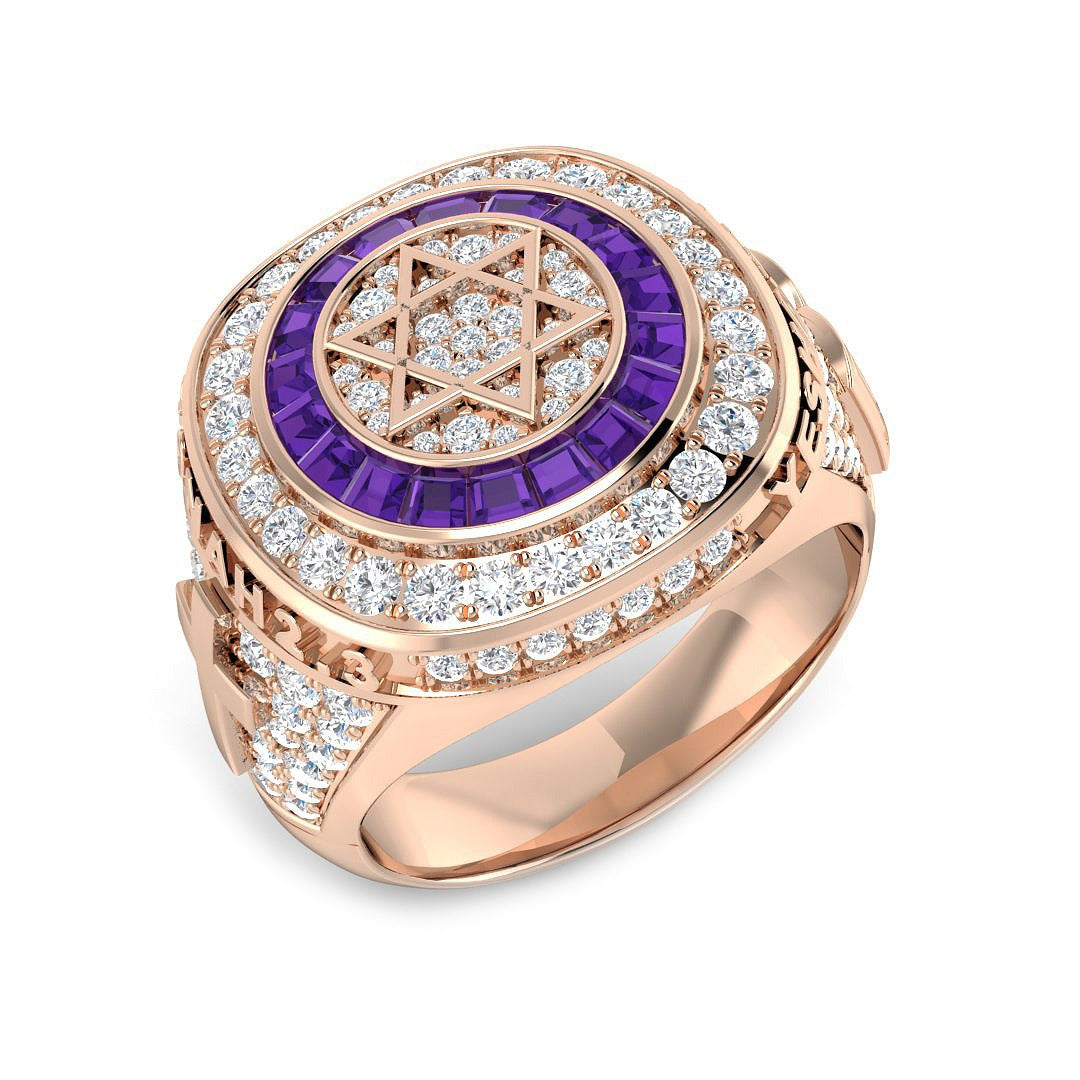 Star of David Championship Ring for Men Amethyst Halo Pave Diamonds in 10K/14K gold and platinum with certified lab-grown or natural diamonds