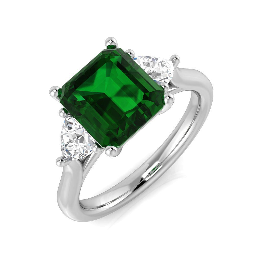 Square Emerald Ring with Trillion Diamond Side Stones in 10K/14K gold and platinum with certified lab-grown or natural diamonds