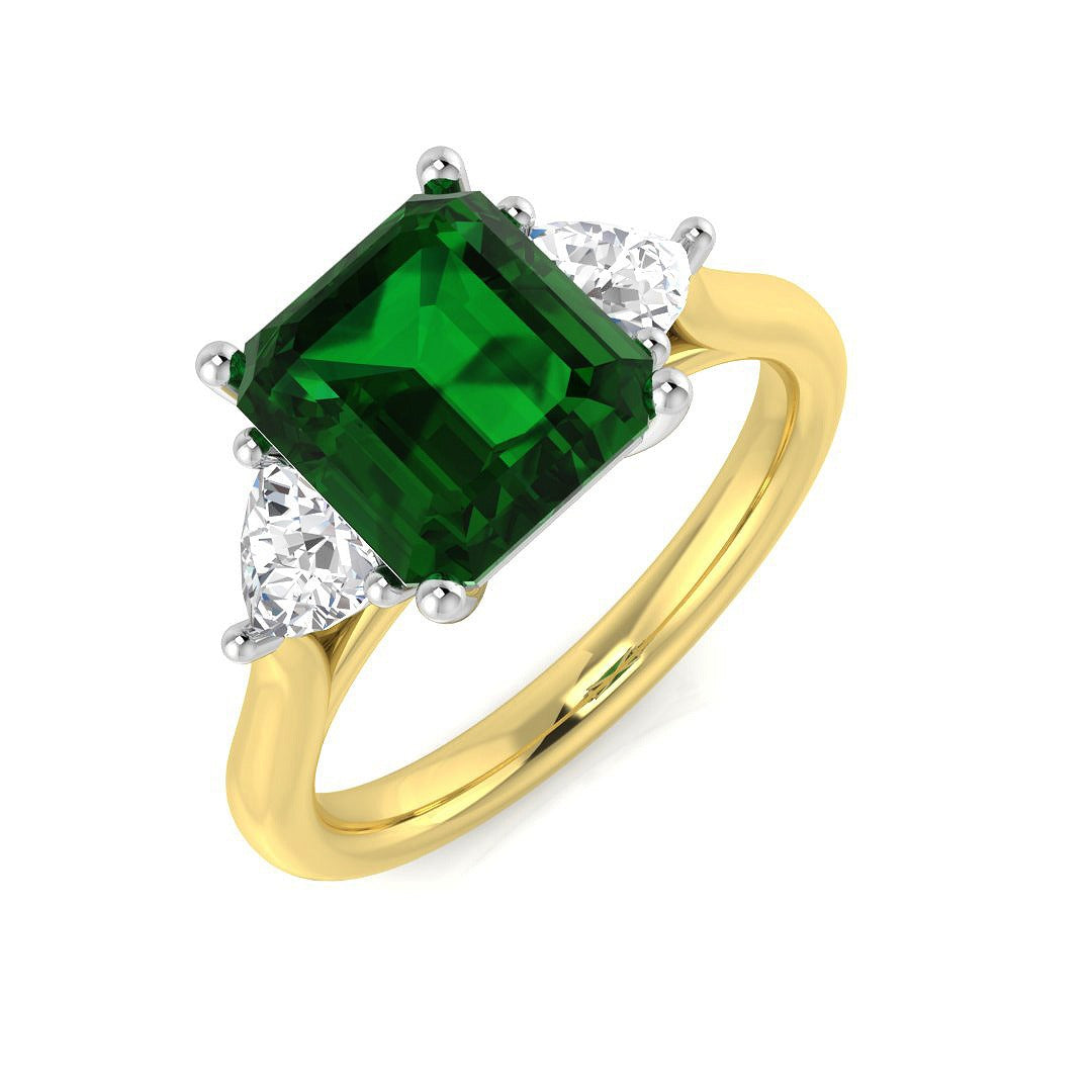 Square Emerald Ring with Trillion Diamond Side Stones in 10K/14K gold and platinum with certified lab-grown or natural diamonds