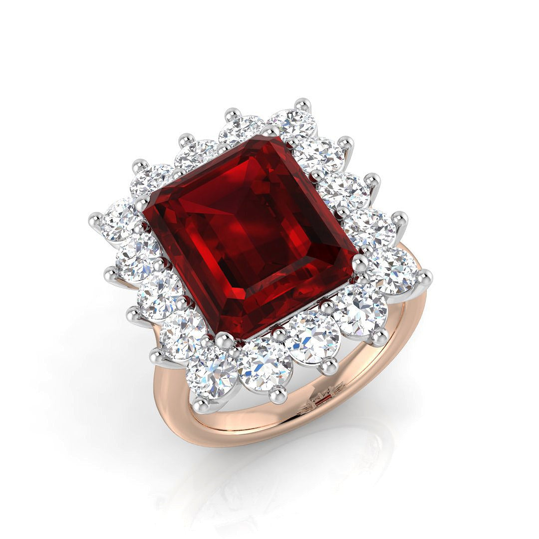 Emerald Cut Ruby Stone Center with Natural Round Diamond Halo Cluster Ring in 10K/14K gold and platinum with certified lab-grown or natural diamonds