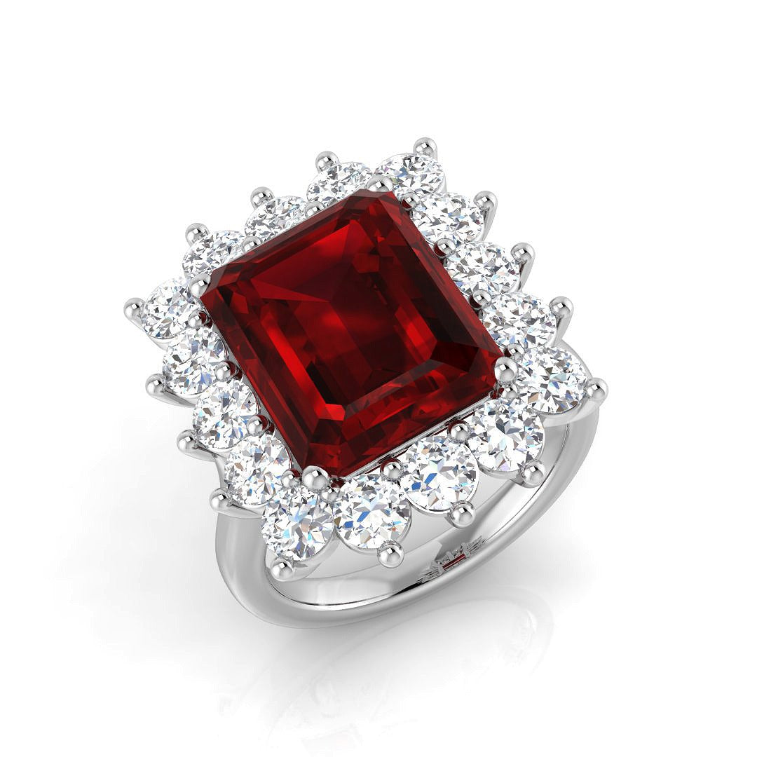 Emerald Cut Ruby Stone Center with Natural Round Diamond Halo Cluster Ring in 10K/14K gold and platinum with certified lab-grown or natural diamonds