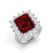 Emerald Cut Ruby Stone Center with Natural Round Diamond Halo Cluster Ring in 10K/14K gold and platinum with certified lab-grown or natural diamonds
