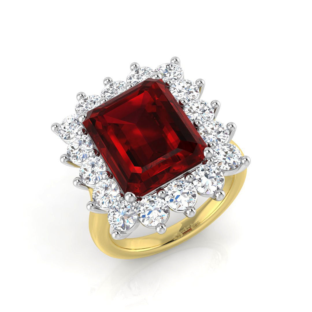 Emerald Cut Ruby Stone Center with Natural Round Diamond Halo Cluster Ring in 10K/14K gold and platinum with certified lab-grown or natural diamonds