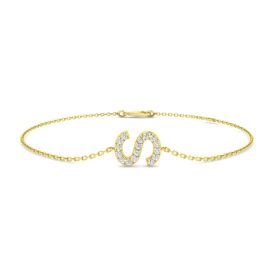 Round Cut Pave Lab Grown Diamond Alphabet S Bracelet with Chain Solid in 10K/14K gold and platinum with certified lab-grown or natural diamonds