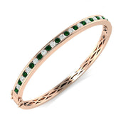 Natural Diamond and Emerald Channel Set Hinged Bangle with Box Clasp in 10K/14K gold and platinum with certified lab-grown or natural diamonds