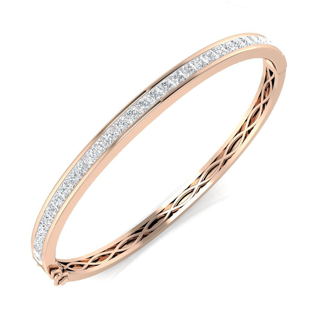 Natural Princess Cut Half Eternity Channel Set Hinged Diamond Bangle with Box Clasp in 10K/14K gold and platinum with certified lab-grown or natural diamonds