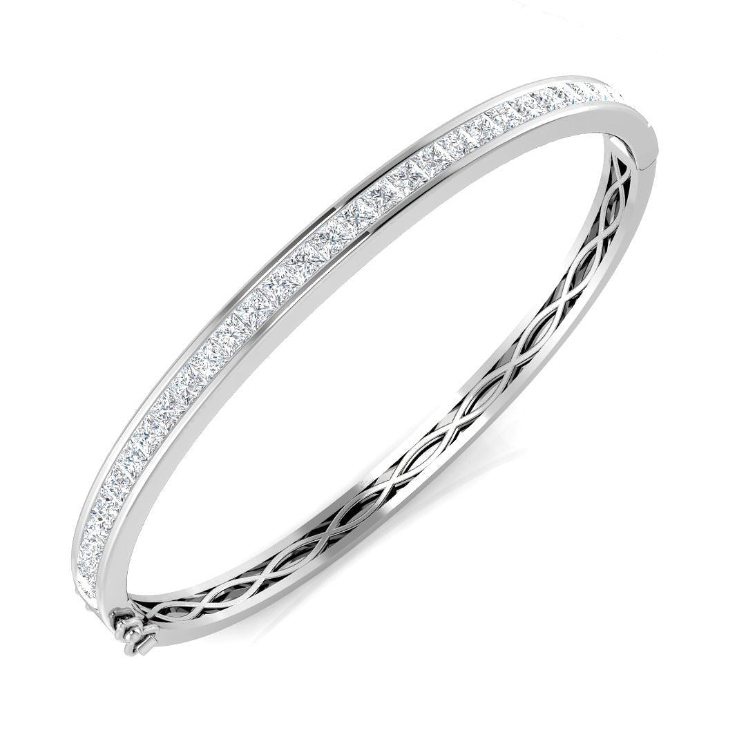 Natural Princess Cut Half Eternity Channel Set Hinged Diamond Bangle with Box Clasp in 10K/14K gold and platinum with certified lab-grown or natural diamonds