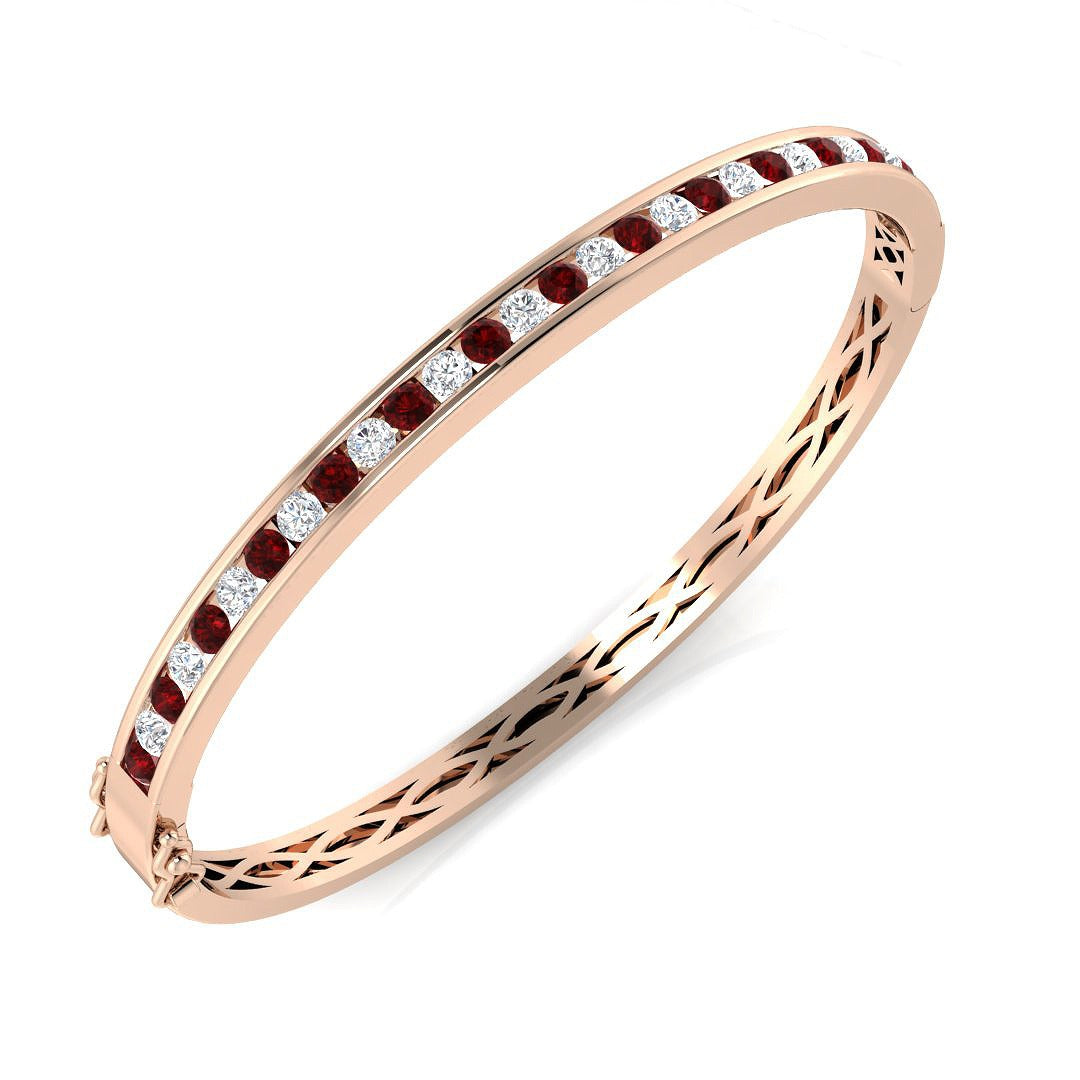 Platinum Natural Round Cut and Ruby Channel Set Eternity Bangle with Hinged Box Clasp in 10K/14K gold and platinum with certified lab-grown or natural diamonds