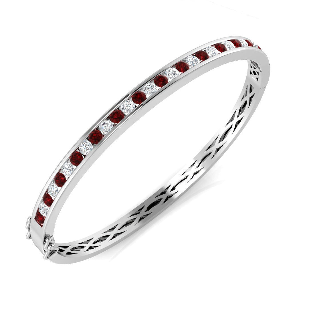 Platinum Natural Round Cut and Ruby Channel Set Eternity Bangle with Hinged Box Clasp in 10K/14K gold and platinum with certified lab-grown or natural diamonds