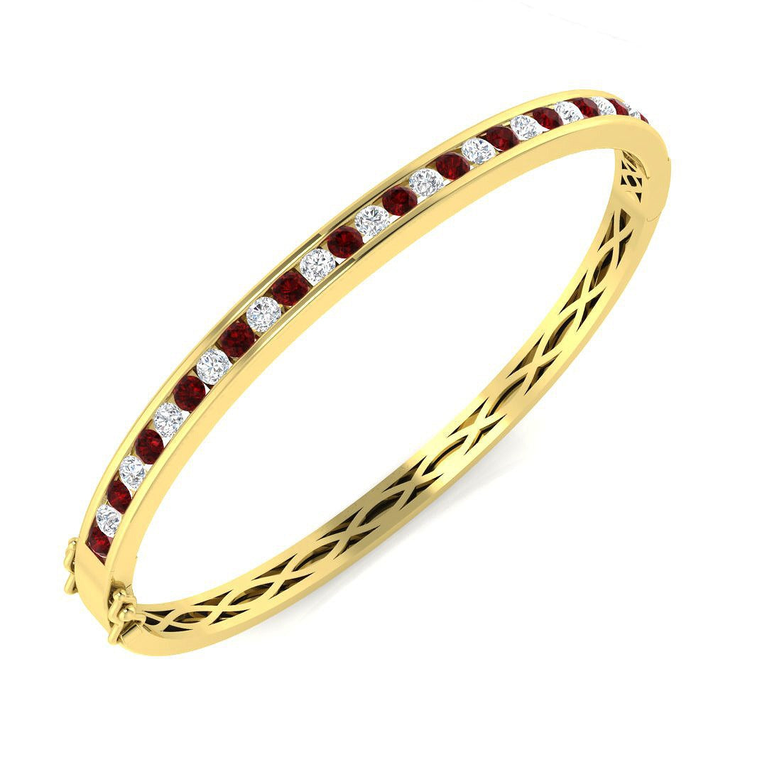 Platinum Natural Round Cut and Ruby Channel Set Eternity Bangle with Hinged Box Clasp in 10K/14K gold and platinum with certified lab-grown or natural diamonds