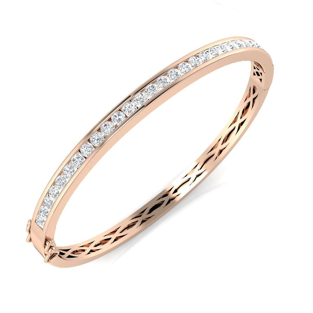 Natural Round Channel Set Diamond Bangle with Hinged Box Clasp in 10K/14K gold and platinum with certified lab-grown or natural diamonds