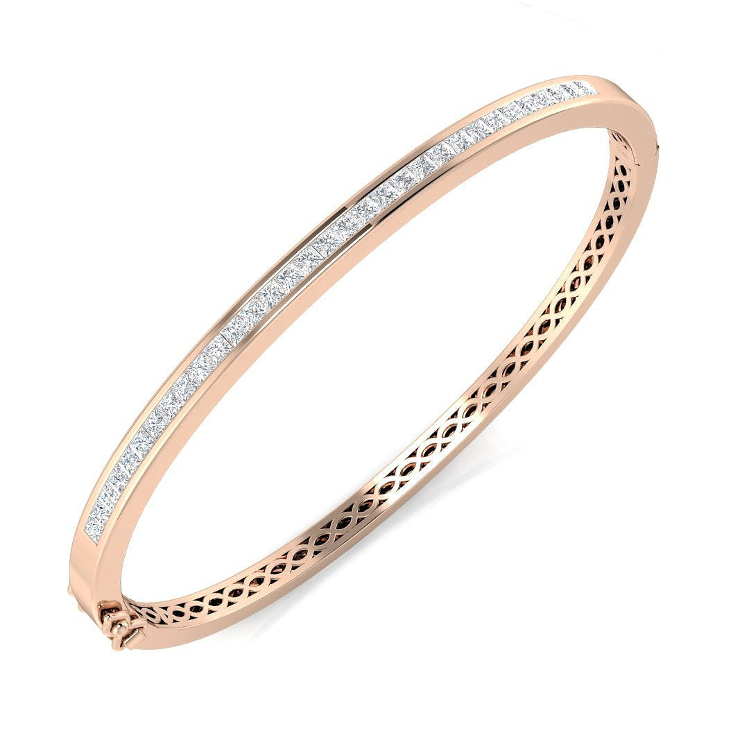 Natural Princess Cut Half Eternity Channel Set Hinged Diamond Bangle with Box Clasp in 10K/14K gold and platinum with certified lab-grown or natural diamonds