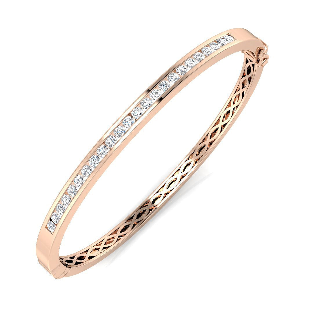 Natural Round Channel Set Diamond Bangle with Hinged Box Clasp in 10K/14K gold and platinum with certified lab-grown or natural diamonds