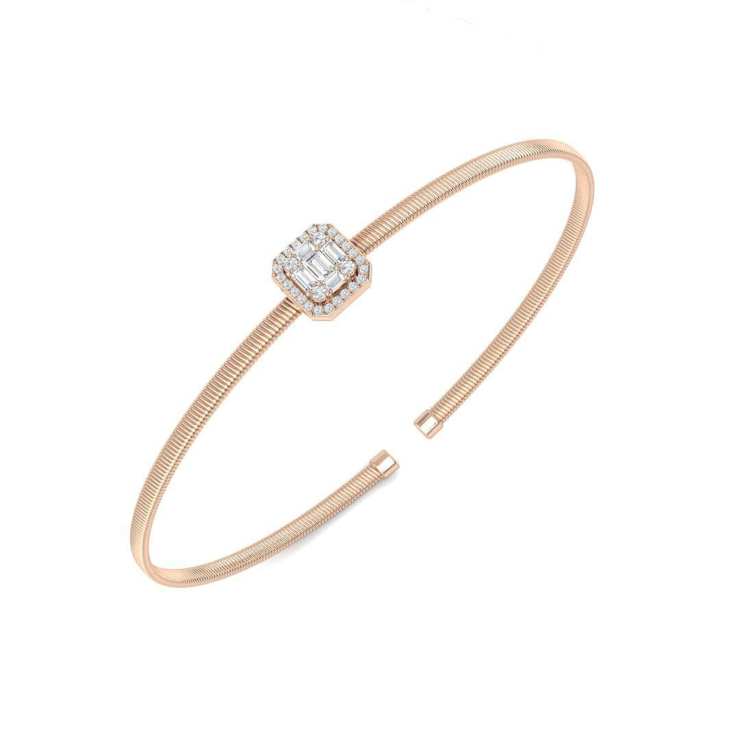 Natural Baguette and Round Diamond Halo Cuff Bangle Bracelet in 10K/14K gold and platinum with certified lab-grown or natural diamonds