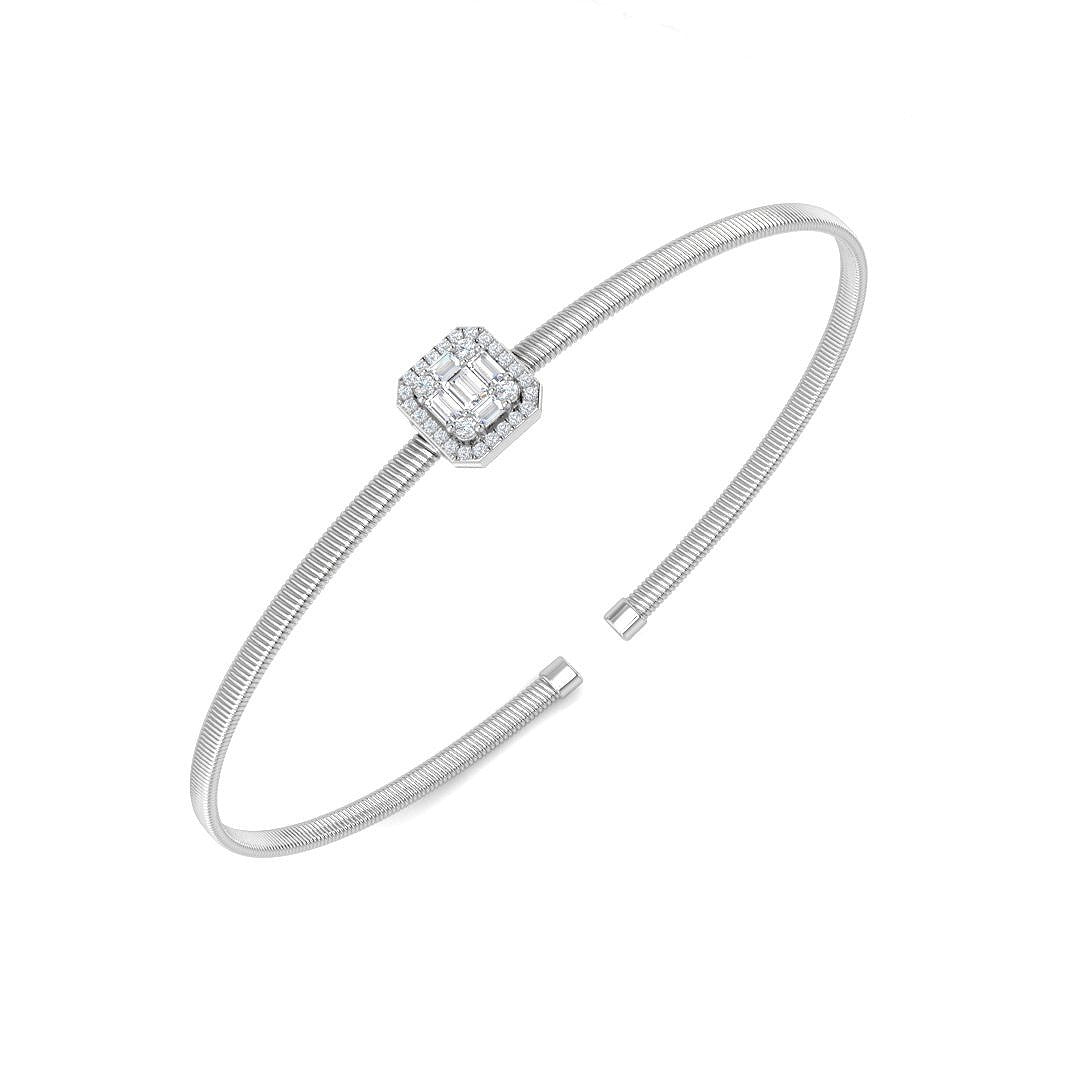 Natural Baguette and Round Diamond Halo Cuff Bangle Bracelet in 10K/14K gold and platinum with certified lab-grown or natural diamonds