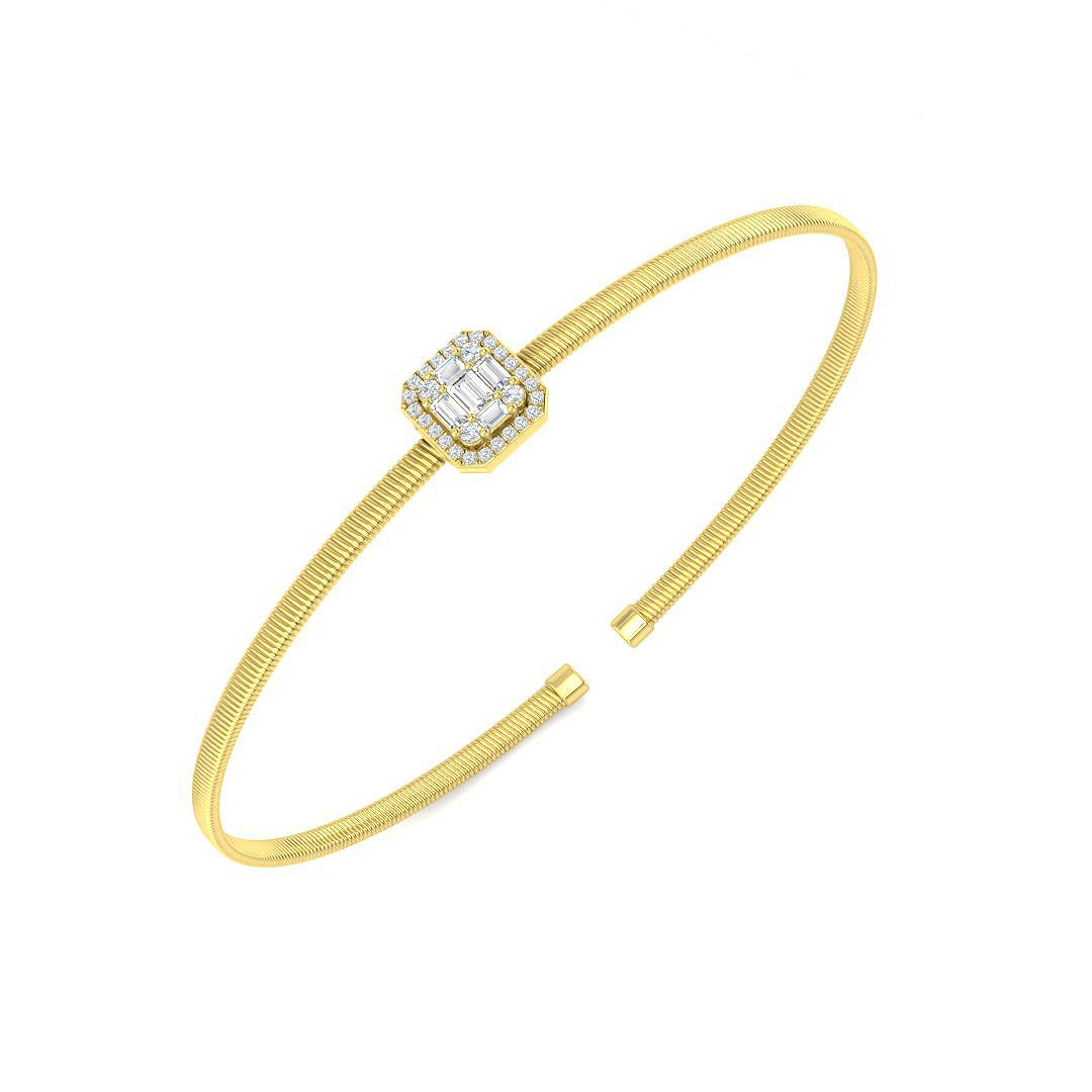 Natural Baguette and Round Diamond Halo Cuff Bangle Bracelet in 10K/14K gold and platinum with certified lab-grown or natural diamonds