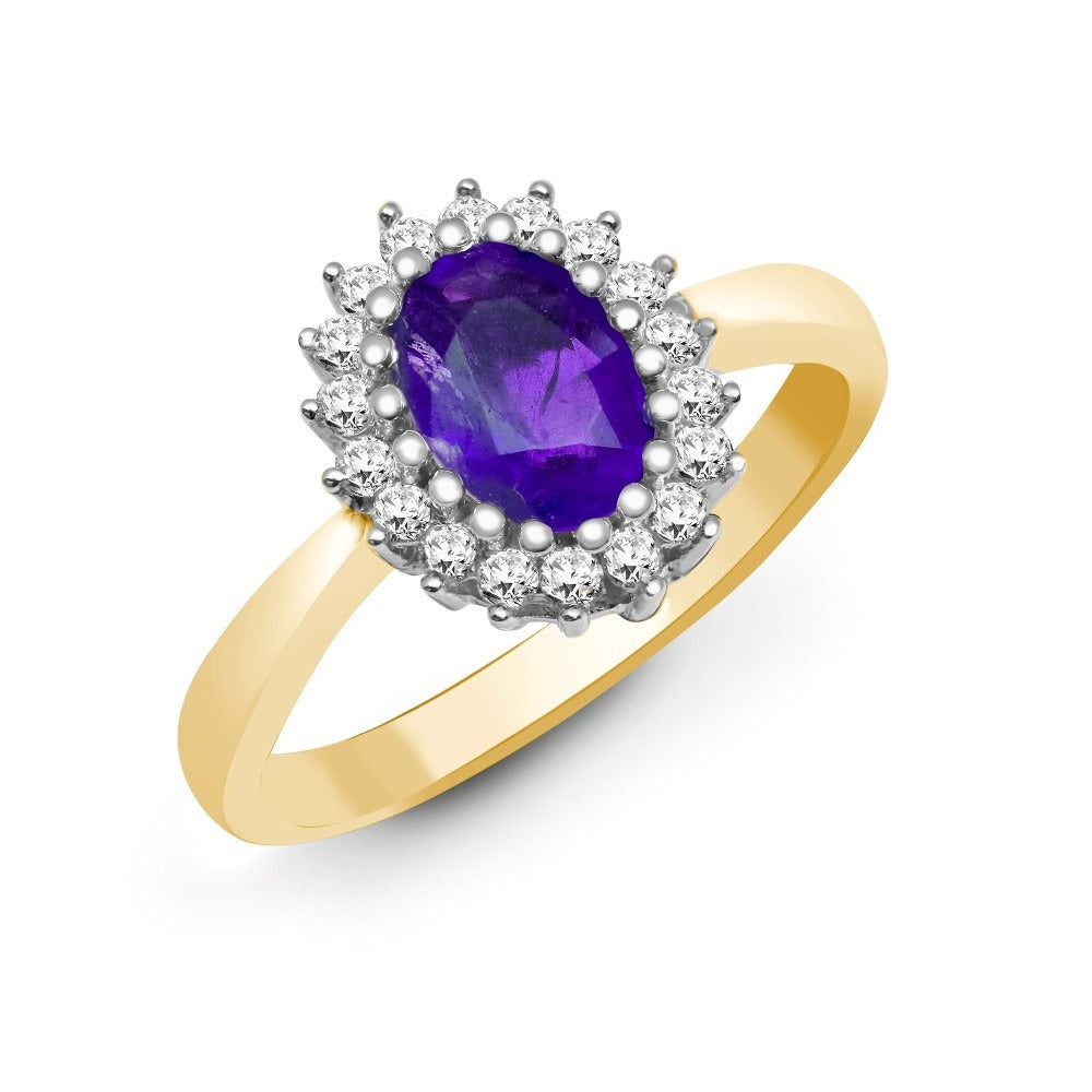 Amethyst Halo Ring with Diamonds in 10K/14K gold and platinum with certified lab-grown or natural diamonds