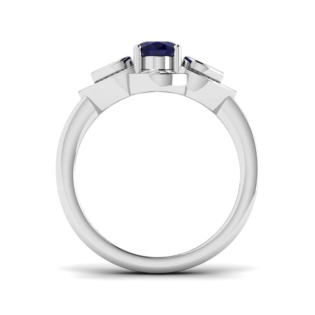 Oval Blue Sapphire Three Stone Ring with Pear Diamond Halo Accents in 10K/14K gold and platinum with certified lab-grown or natural diamonds