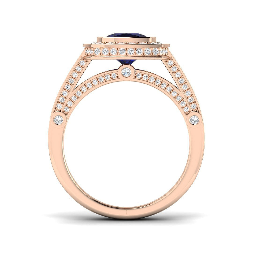 Vintage Cushion Cut Blue Sapphire Halo Ring with Split Shank Diamond Band in 10K/14K gold and platinum with certified lab-grown or natural diamonds