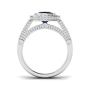 Vintage Cushion Cut Blue Sapphire Halo Ring with Split Shank Diamond Band in 10K/14K gold and platinum with certified lab-grown or natural diamonds