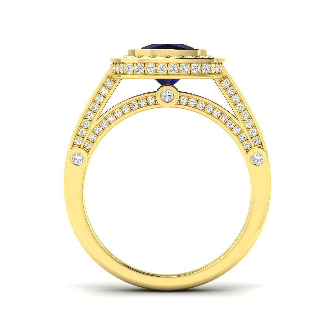 Vintage Cushion Cut Blue Sapphire Halo Ring with Split Shank Diamond Band in 10K/14K gold and platinum with certified lab-grown or natural diamonds