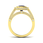 Vintage Cushion Cut Blue Sapphire Halo Ring with Split Shank Diamond Band in 10K/14K gold and platinum with certified lab-grown or natural diamonds