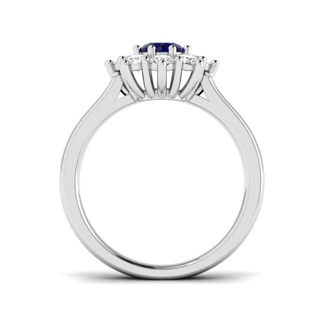 Blue Sapphire Halo Cluster Ring with Natural Diamonds in 10K/14K gold and platinum with certified lab-grown or natural diamonds