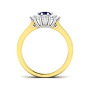 Blue Sapphire Halo Cluster Ring with Natural Diamonds in 10K/14K gold and platinum with certified lab-grown or natural diamonds