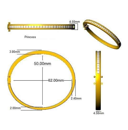 Princess Cut Natural Diamond Channel Set Half Eternity Bangle in Platinum with Hinged Box Clasp in 10K/14K gold and platinum with certified lab-grown or natural diamonds