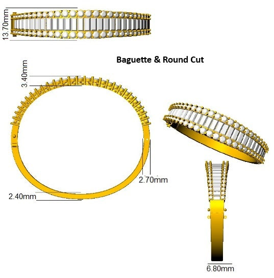 Natural Baguette and Round Cut Diamond Half Channel Pave Set Bangle in 10K/14K gold and platinum with certified lab-grown or natural diamonds