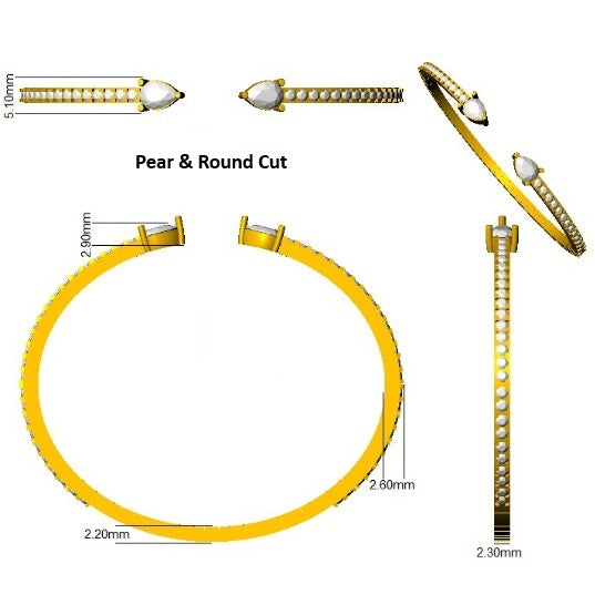 Natural Round Pave Open Cuff Diamond Bangle with Pear Solitaire Ends in 10K/14K gold and platinum with certified lab-grown or natural diamonds