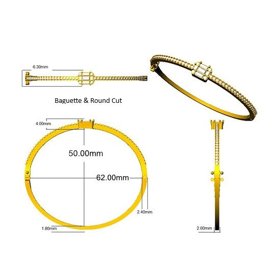 Lab Grown Baguette and Round Diamond Half Pave Bangle Bracelet in 10K/14K gold and platinum with certified lab-grown or natural diamonds