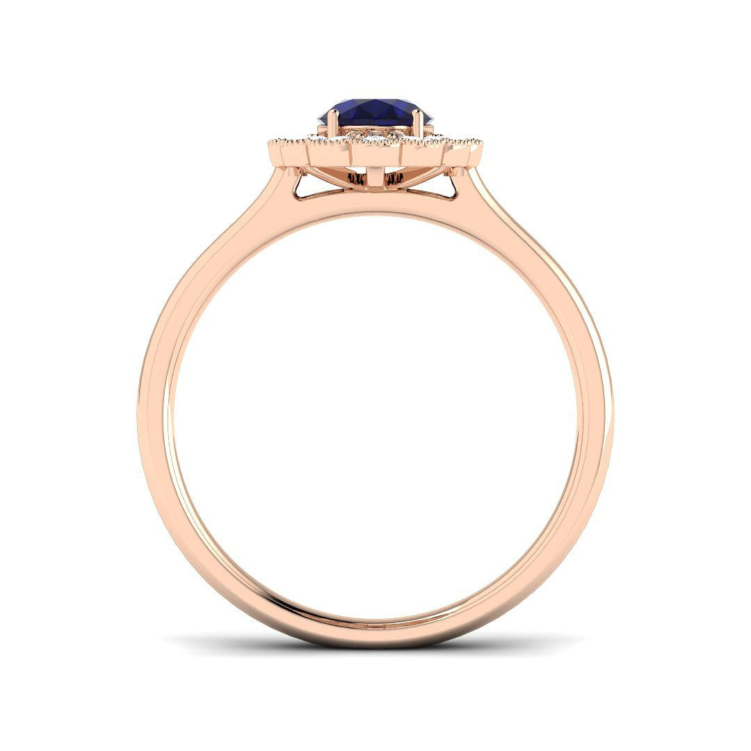 Vintage Oval Blue Sapphire Scalloped Halo Diamond Engagement Ring in 10K/14K gold and platinum with certified lab-grown or natural diamonds