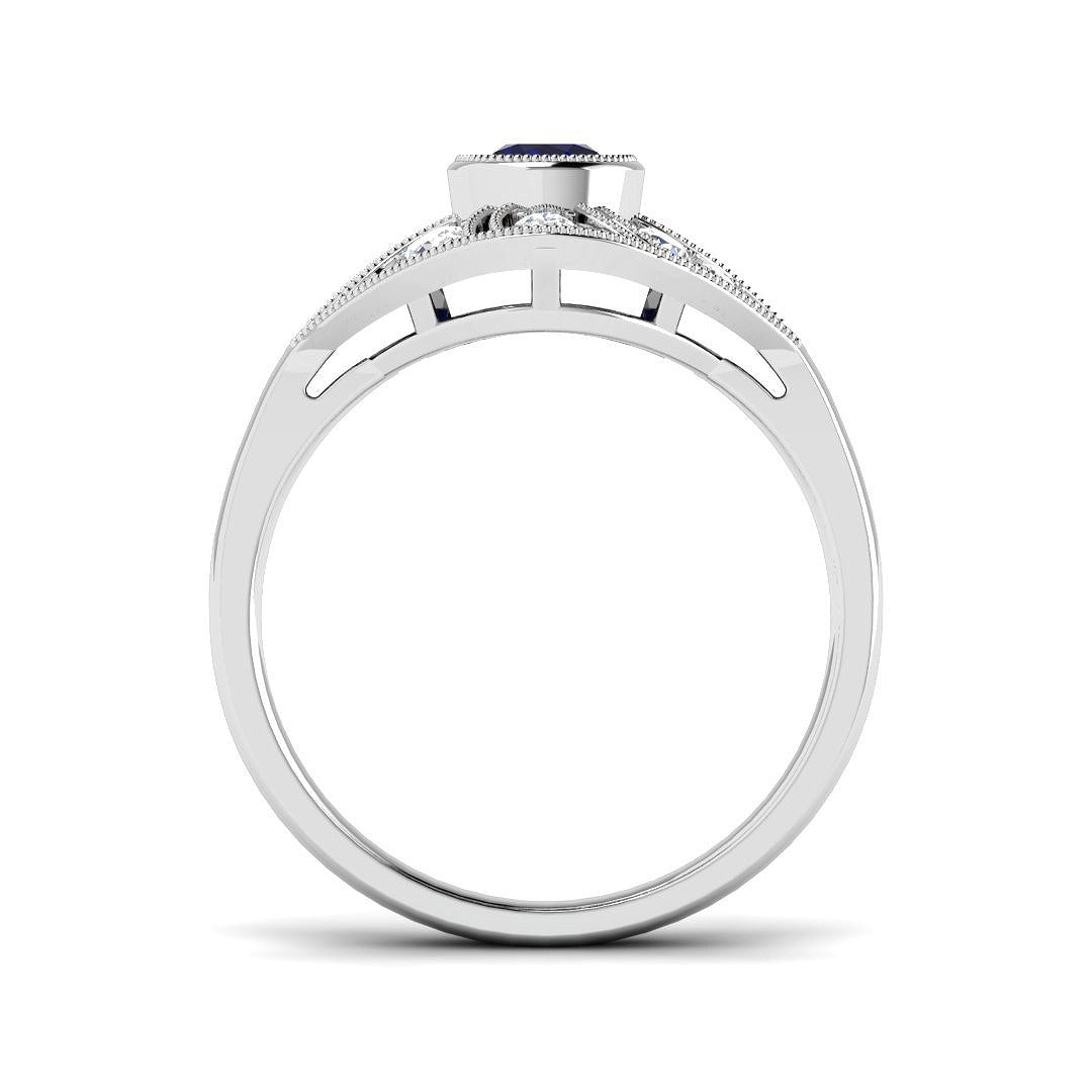 Vintage Blue Sapphire Halo Ring in Milgrain Round Pave Set in 10K/14K gold and platinum with certified lab-grown or natural diamonds