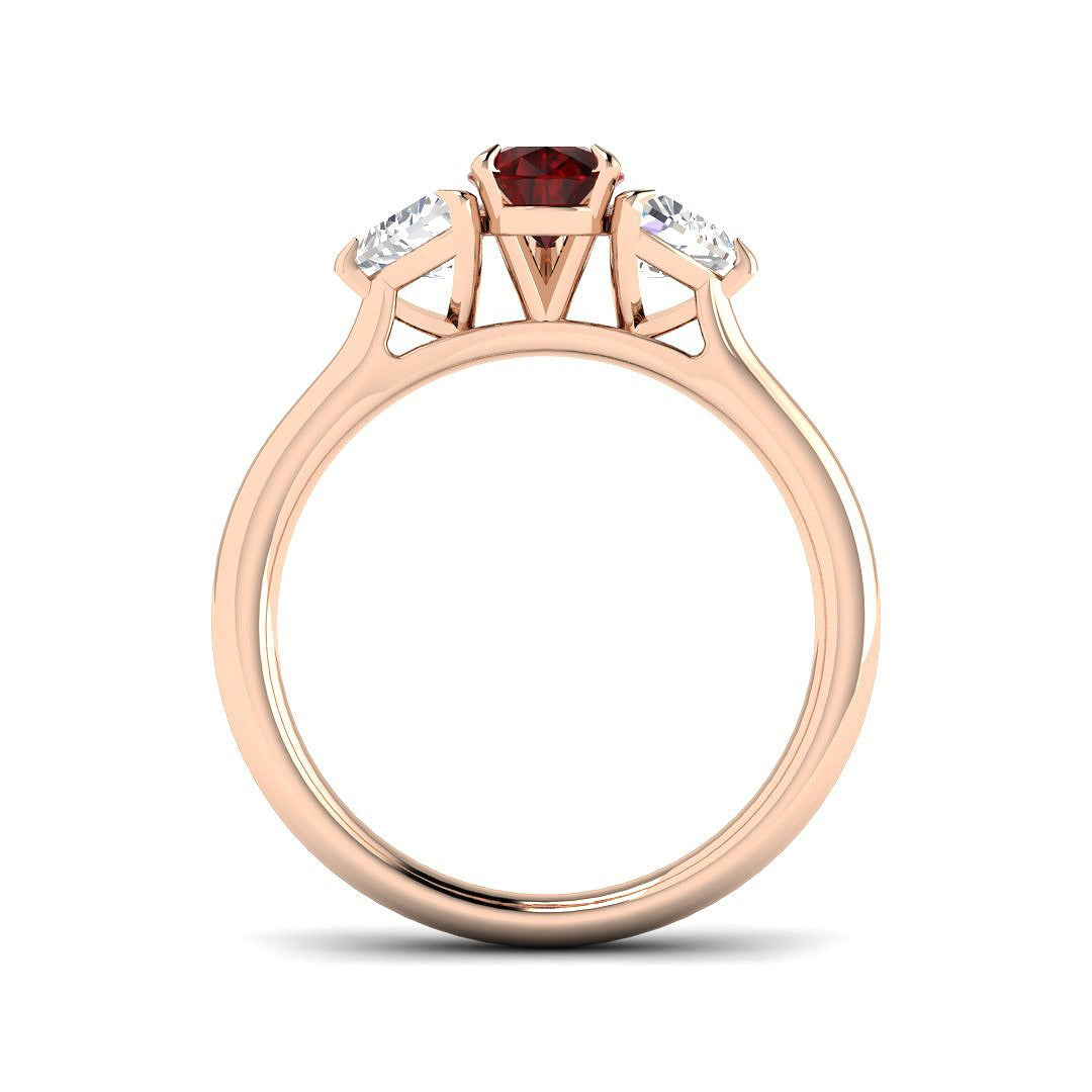 Ruby Trilogy Ring with Pear Cut Ruby & Trillion Diamond Side Stones in 10K/14K gold and platinum with certified lab-grown or natural diamonds