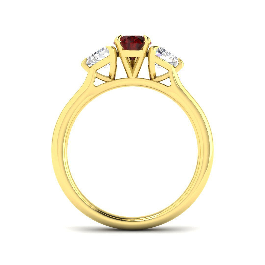Ruby Trilogy Ring with Pear Cut Ruby & Trillion Diamond Side Stones in 10K/14K gold and platinum with certified lab-grown or natural diamonds