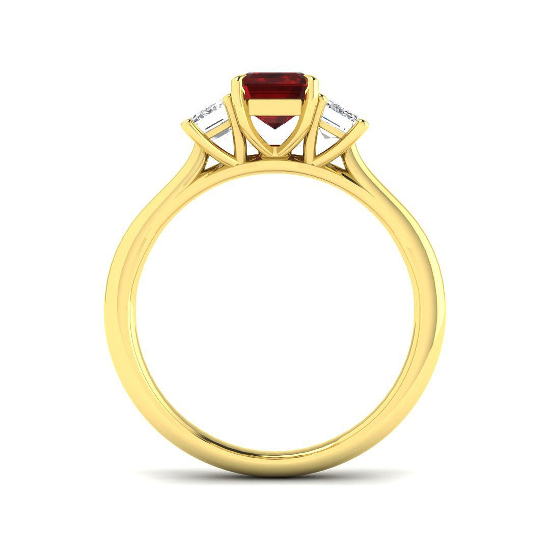 Ruby Three Stone Ring with Emerald Cut Diamond Side Stones in 10K/14K gold and platinum with certified lab-grown or natural diamonds