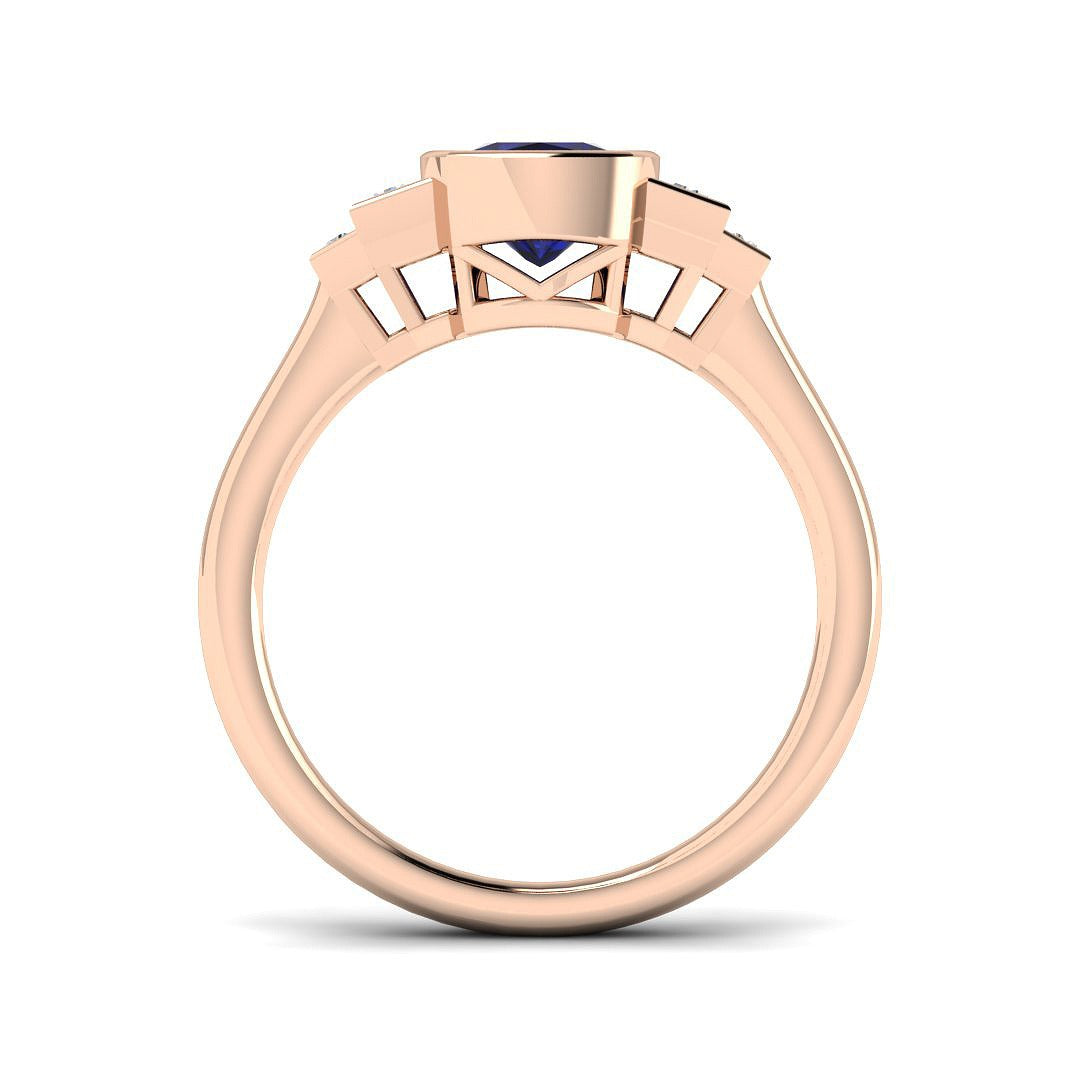 Bezel Set Cushion Blue Sapphire Three Stone Diamond Engagement Ring in 10K/14K gold and platinum with certified lab-grown or natural diamonds