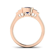 Bezel Set Cushion Blue Sapphire Three Stone Diamond Engagement Ring in 10K/14K gold and platinum with certified lab-grown or natural diamonds