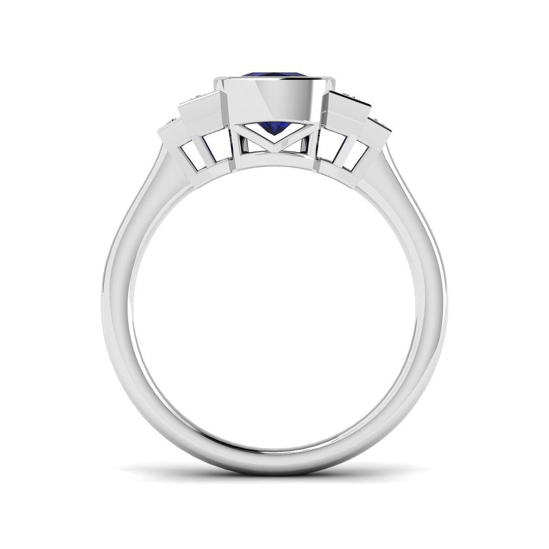 Bezel Set Cushion Blue Sapphire Three Stone Diamond Engagement Ring in 10K/14K gold and platinum with certified lab-grown or natural diamonds