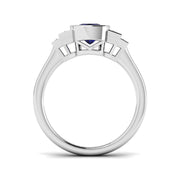 Bezel Set Cushion Blue Sapphire Three Stone Diamond Engagement Ring in 10K/14K gold and platinum with certified lab-grown or natural diamonds