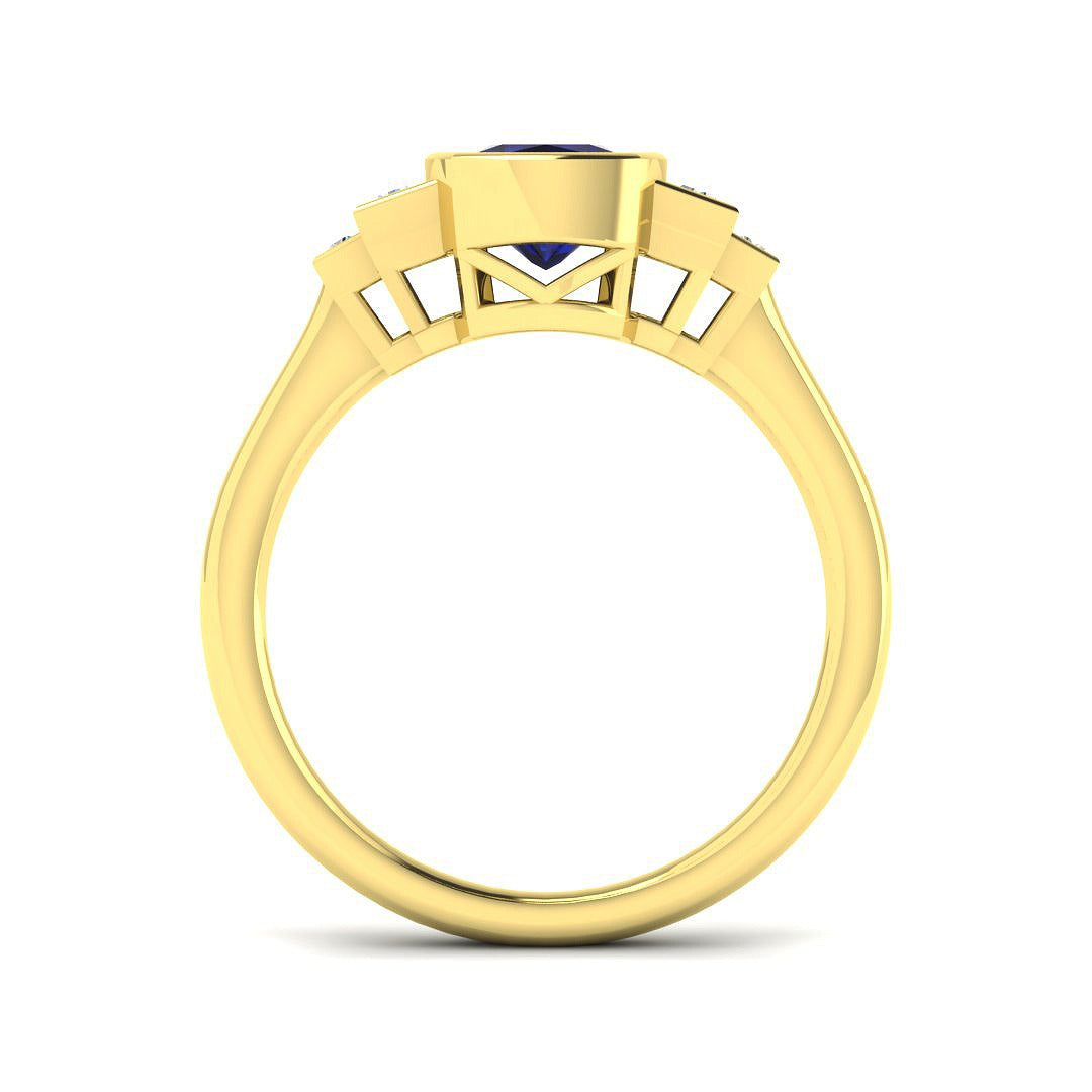 Bezel Set Cushion Blue Sapphire Three Stone Diamond Engagement Ring in 10K/14K gold and platinum with certified lab-grown or natural diamonds